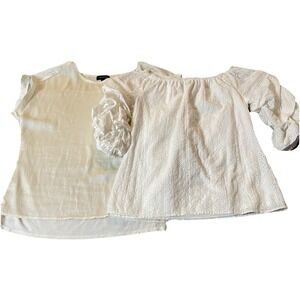 Lot Of 2 Y2K Pullover Blouses XS/S Loft CeCe Ivory White Eyelets Ruched Sleeve